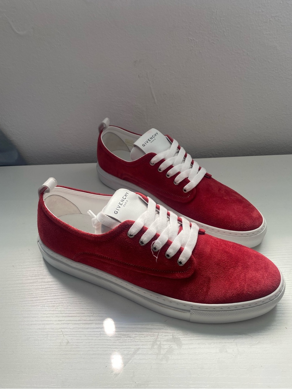 Givenchy Men’s Red Suede Low-Top Sneakers with White Accents